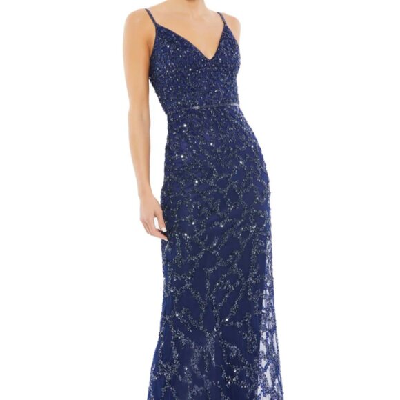 MAC DUGGAL 54781 SLEEVELESS BEADED V-NECK COLUMN MIDNIGHT GOWN sz 12 - Picture 1 of 7